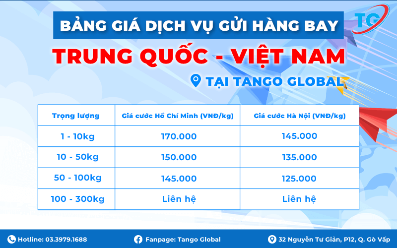 Bảng giá dịch vụ gửi hàng bay siêu tốc Trung Quốc - Việt Nam tại Tango Global