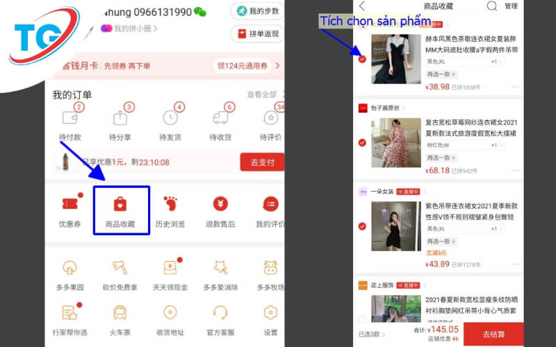 Mở mục 商品收藏 và chọn sản phẩm cần mua, điền đầy đủ thông tin thuộc tính của sản phẩm
