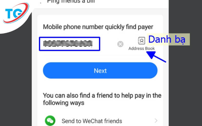 Nhập số điện thoại Alipay của người được ủy quyền, hoặc chọn từ Address book